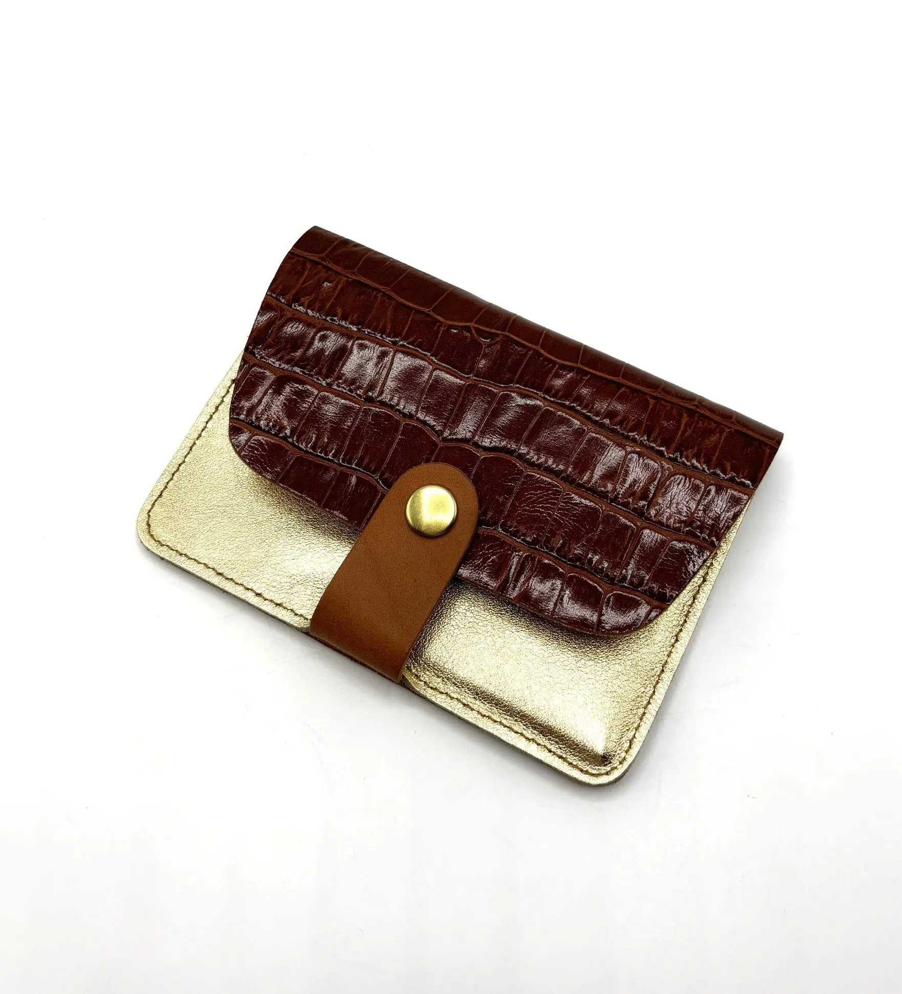 PORTE-CARTES CUIR "TREGANA" BRUN FACON CROCO / OR