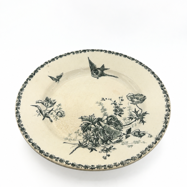 COMPOTIER ANCIEN EN TERRE DE FER À DÉCOR FLORAL ET OISEAUX